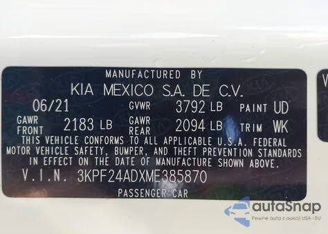 2021 Kia Forte Lxs from USA, damaged, VIN 3KPF24ADXME385870